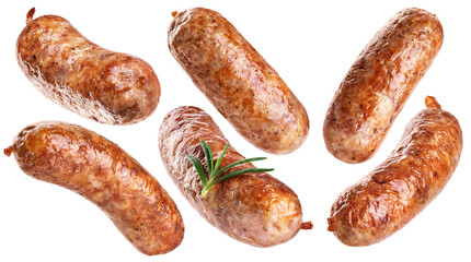 Fried sausages isolated on white background. Collection with clipping path.