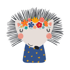 Cute funny hedgehog in floral wreath, t-shirt. Hand drawn cartoon character illustration. Scandinavian style flat design, isolated vector. Kids print element, flower crown, summer blooms, blossoms