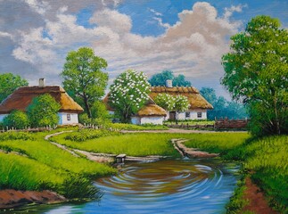 Fototapeta na wymiar Landscape,oil painting on canvas. Ukraine, house in the forest and river, landscape with a pond and trees