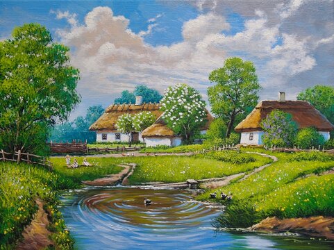 Landscape,oil painting on canvas. Ukraine, house in the forest and river, landscape with a pond and trees