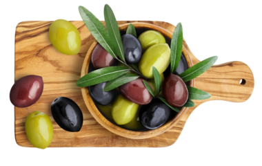 Delicious olives with leaves on wooden board, 