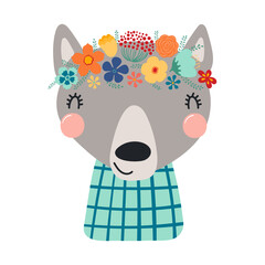 Cute funny wolf in floral wreath, t-shirt. Hand drawn cartoon character illustration. Scandinavian style flat design, isolated vector. Kids print element, flower crown, summer blooms, blossoms