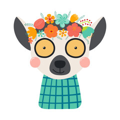 Cute funny lemur in floral wreath, t-shirt. Hand drawn cartoon character illustration. Scandinavian style flat design, isolated vector. Kids print element, flower crown, summer blooms, blossoms © Maria Skrigan