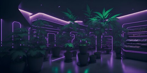 Fototapeta na wymiar Illustration of an indoor garden with vibrant neon lights and foliage created with Generative AI technology