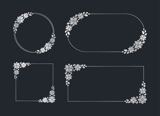 Silver geometric floral frame template set. Luxury golden frame border for invite, wedding, certificate. Vector art with flowers and leaves.
