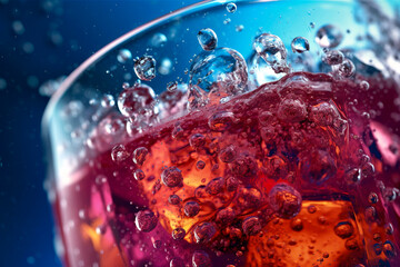 Fototapeta na wymiar Cllose - up of a cold beverage with condensation on the glass, showcasing the refreshing bubbles and the vibrant color of the drink.