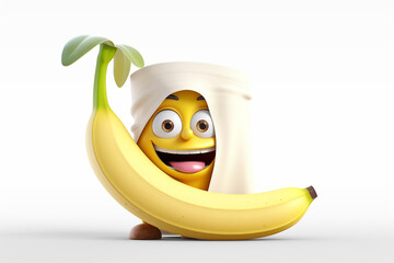 Funny banana character with big eyes on isolated background. 3d illustration generative ai
