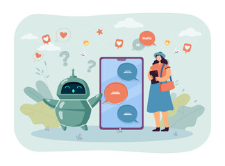 Young woman talking to chatbot vector illustration. Smartphone with text messaging app for virtual assistance. Online communication, artificial intelligence, social media concept