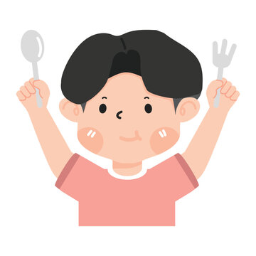 Hungry kid holding fork and spoon
