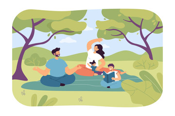 Family having quality time in nature vector illustration. Happy parents doing yoga together while children reading book in park or forest. Sustainable lifestyle, well being, family reunion concept