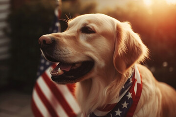 Cute golden retriever wearing patriotic neckshief outdoors with the flag of USA at background. The 4th of July celebration, Independence Day of USA. AI generative