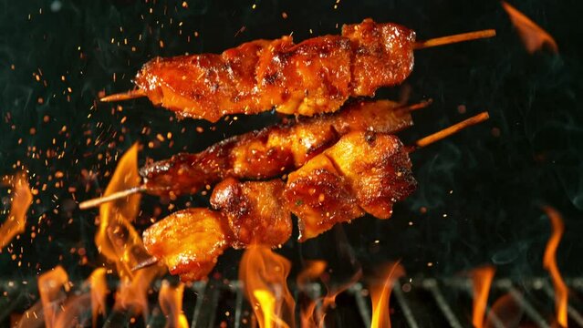 Super Slow Motion Shot of Falling Chicken Skewers on Cast Iron Grate with Fire Flames. Camera Movement, Filmed on High Speed Cinematic Camera at 1000 FPS.