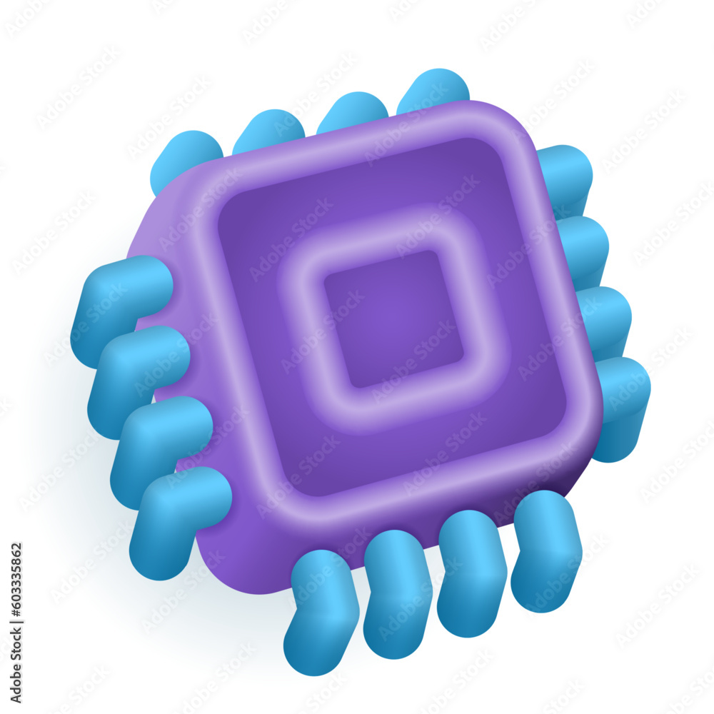 Poster purple microchip or memory chip 3d illustration. cartoon drawing of equipment for programing or info