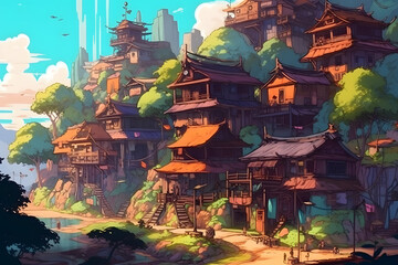 Illustration of a Serene Village at  Day. Generative AI