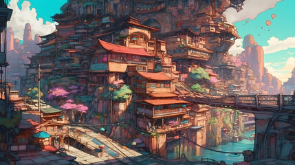 Illustration of a Serene Village at  Day. Generative AI