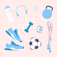 Sport equipment set. Colored gym accessory. Workout stuff bundle. Dumbbells, sneakers, jump rope, ball, earphone etc. Vector illustration in trendy flat style isolated.