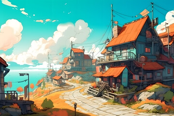 Dreamy Illustration of a Day time Village. Generative AI