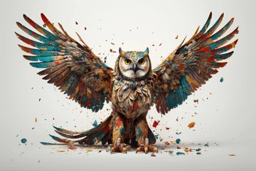 Keuken spatwand met foto Colorful paint splashes and eagle owl on white background, watercolor painting ai © Graphicsstudio 5