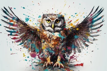 Fotobehang Colorful paint splashes and eagle owl on white background, watercolor painting ai © Graphicsstudio 5