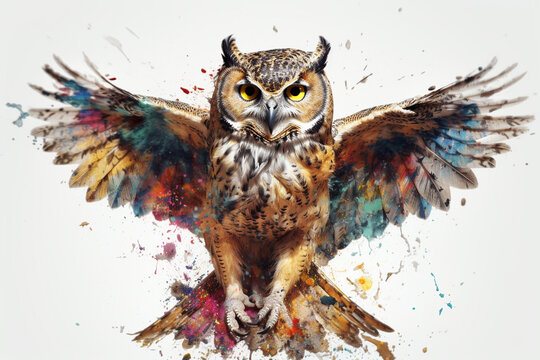Colorful paint splashes and eagle owl on white background, watercolor painting ai