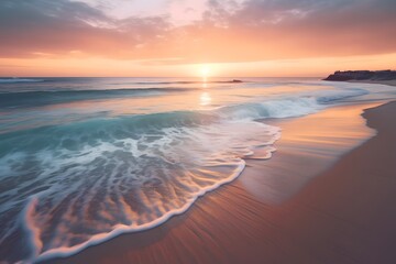 pastel-colored sunrise over the ocean, with gentle waves and a sandy beach in the foreground, Generative AI - obrazy, fototapety, plakaty