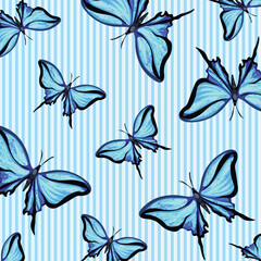 Blue butterfly vector illustration pattern isolated on light blue stripes line square background template. Elegant wallpaper backdrop for social media post, scarf or textile prints, wrapping paper.