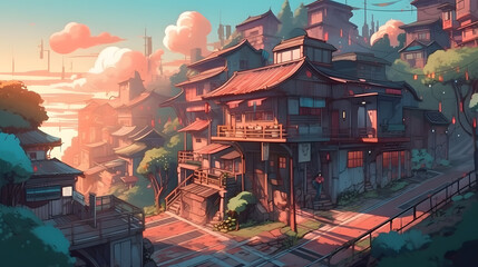 Dreamy Illustration of a Day time Village. Generative AI