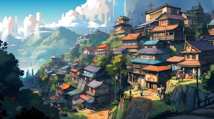 Dreamy Illustration of a Day time Village. Generative AI