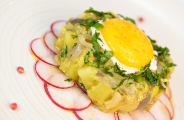 Recipe of courgette meat, onion, potato, garlic, pepper, coriander and egg yolk fried on a bed of round radish, High quality photo