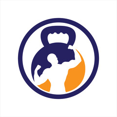 Gym power logo design idea with kettle bell and thunder symbol in negative space. Fitness and bodybuilding club logo template. Sport and recreation theme.