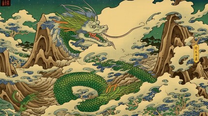 Japanese traditional Ukiyoe of a dragon moving in beige and green clouds fantastic Abstract and ElegantModern AI-generated illustration