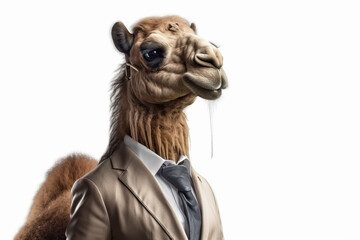 Funny portrait of a camel wearing a suit and tie on grey background generative ai