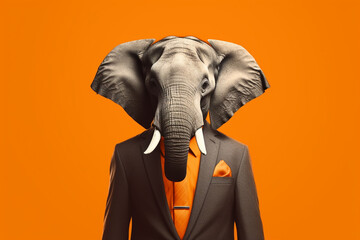 Portrait of an elephant in a suit on an orange background. generative ai
