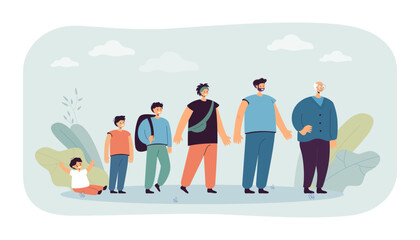 Happy men of different age vector illustration. Male toddler, boy, teenager, young, mature and senior man standing in line. Aging, descent between generations, adolescence concept