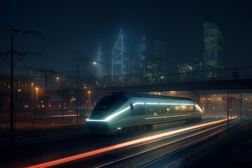 Naklejka na ściany i meble High speed train in the city at night generative ai