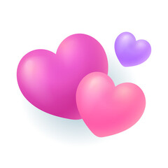 Pink and purple comic hearts 3D illustration. Drawing of colorful hearts as symbol of emotions or romantic feelings in 3D style on white background. Love, romance, marriage, Valentine day concept