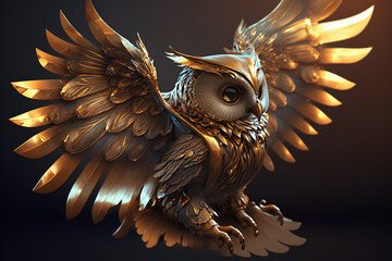 The whole body of the owl is beautifully shiny metal. Wild Animals. Birds. Illustration. Generative AI.