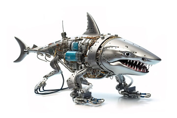 Image of a shark modified into a robot on a white background. underwater animals. illustration, generative AI.