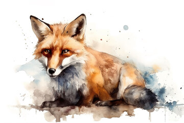 Fototapeta premium Watercolor painting of a fox on a white background. Wildlife Animals. Illustration, generative AI.