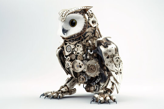 Image of an owl modified into a robot on a white background. Wild animals. illustration, generative AI.