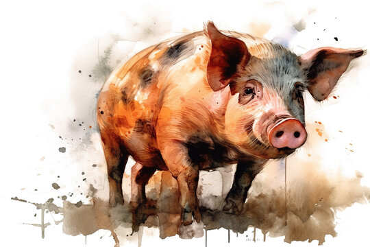 Watercolor painting of a pig on a white background. Farm Animals. Illustration, generative AI.