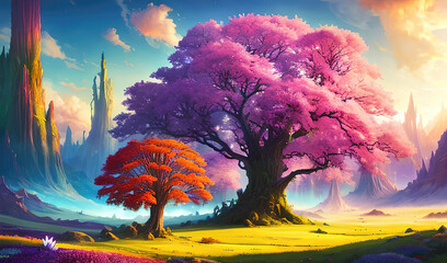 Paradise landscape with beautiful trees, gardens and flowers, magical idyllic background with many multicolored surreal trees and flowers in Eden. Generative Ai. - obrazy, fototapety, plakaty