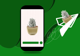 
Vector illustration of mobile phone or smart phone with potted succulent plant on its screen and succulent plant flying on a paper plane next to the phone, all on green colorful background in 3D. 