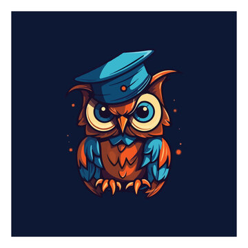 A mascot character of a wise owl for an online learning platform. modern logo flat color 