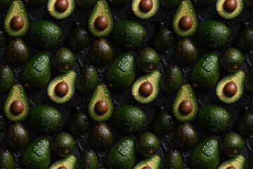 Wet Avocado symmetrical seamless pattern, fruit background