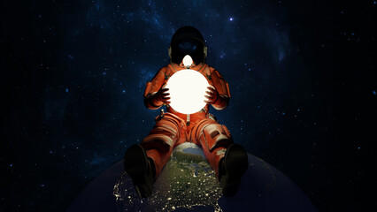 Astronaut sits on planet earth and hold glow star planet in hands. Cosmonaut in space, exploration of outer space, exploration of the Moon. Nebulae stars and galaxies in background. 3d render