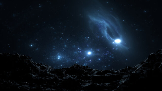 Cosmic landscape, stars, planets and galaxies, view from the surface of a stone planet. 3d render