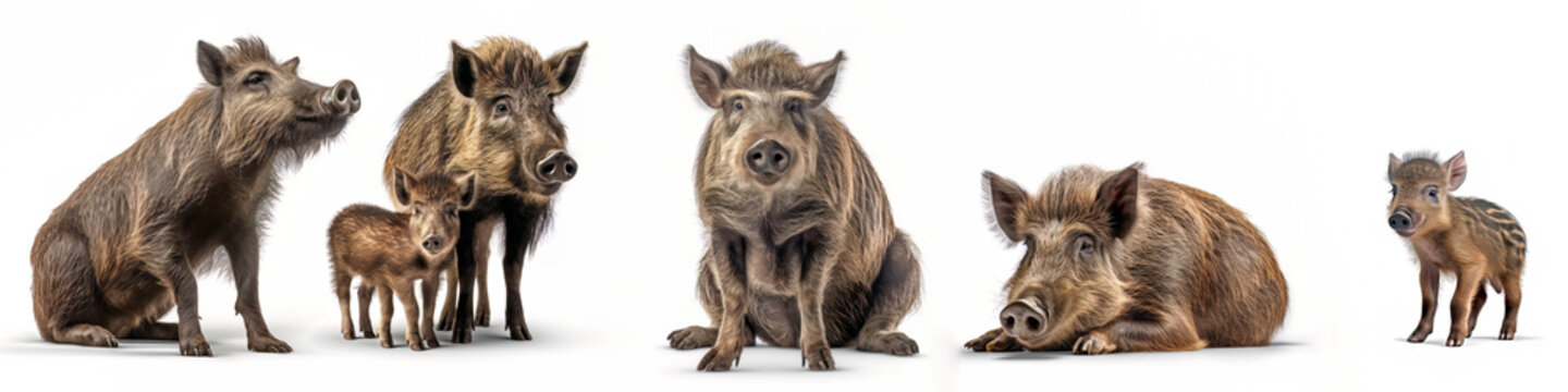 Wildlife forest woods animals wild boars banner panorama long - Collection of wild boar animal (sus scrofa) family with baby, isolated on white background, Generative Ai.