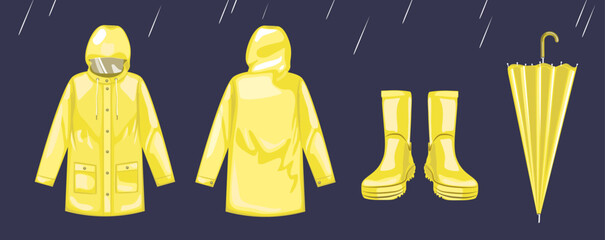 Rain coat for adults and kids flat illustration vector. Yellow rain coat, waterproof bat and umbrella. Rainy season excitements. Waterproof coat with face protection glass. Sticker and art for Books. 
