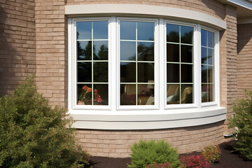 Fototapeta na wymiar Bow Vinyl Window in a Brick House, Exterior View